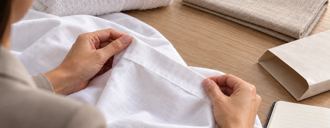 A buyer inspects the hem of a white linen sample beside a folded towel, table-linen sample and empty packing sleeve.