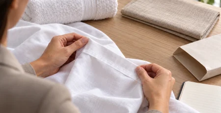 A buyer inspects the hem of a white linen sample beside a folded towel, table-linen sample and empty packing sleeve.