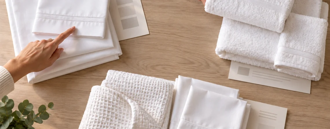 Hands compare separate groups of white sheet and towel samples beside allocation sheets on a planning table.