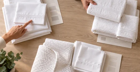 Hands compare separate groups of white sheet and towel samples beside allocation sheets on a planning table.