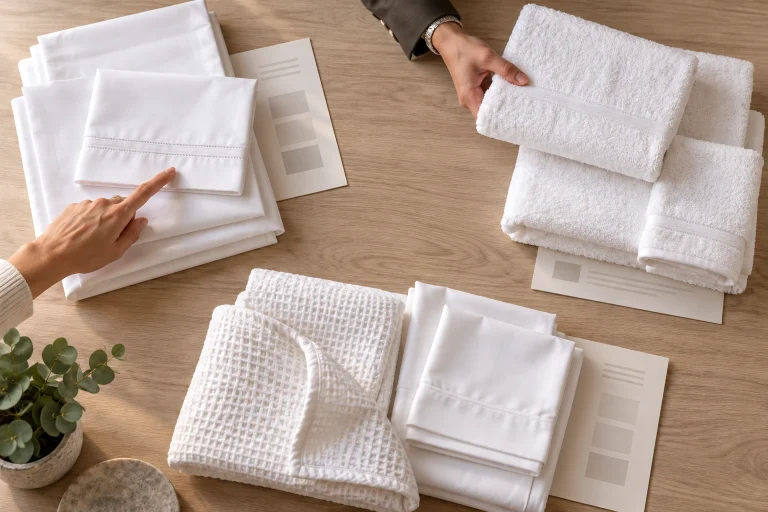 Hands compare separate groups of white sheet and towel samples beside allocation sheets on a planning table.