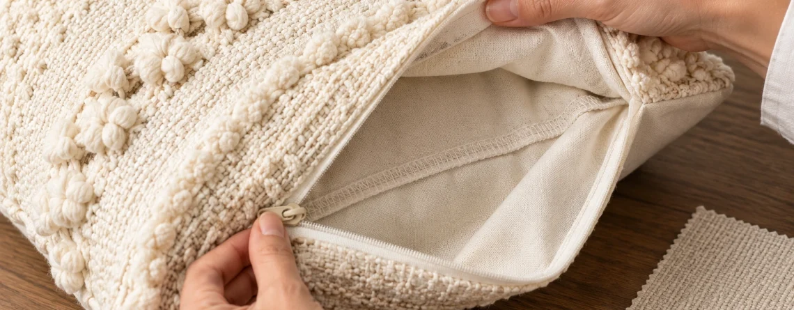 Hands open an ivory textured cushion cover to show its zipper, inner seams and plain reverse.
