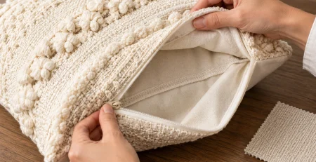 Hands open an ivory textured cushion cover to show its zipper, inner seams and plain reverse.