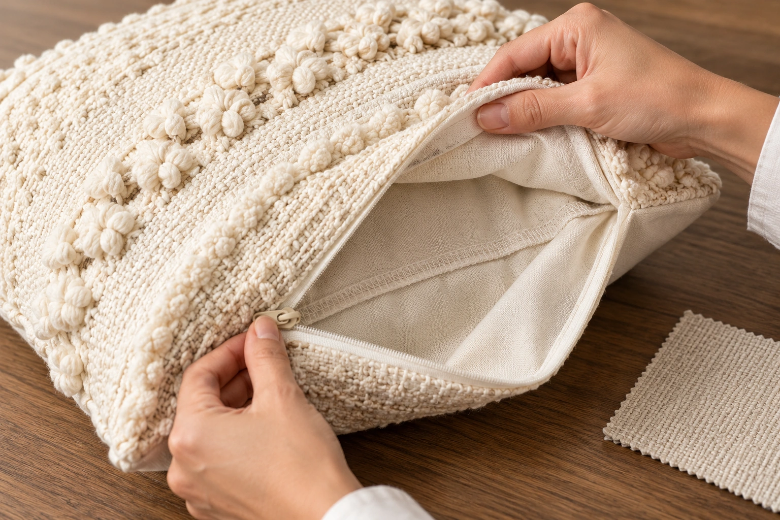 Hands open an ivory textured cushion cover to show its zipper, inner seams and plain reverse.