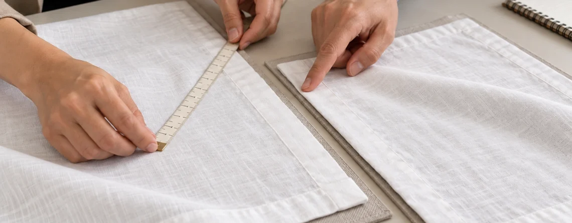 Hands compare two white hemmed linen samples on separate mats using a measuring tape.