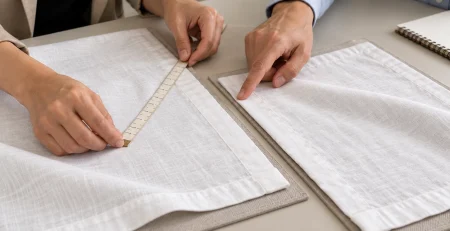 Hands compare two white hemmed linen samples on separate mats using a measuring tape.