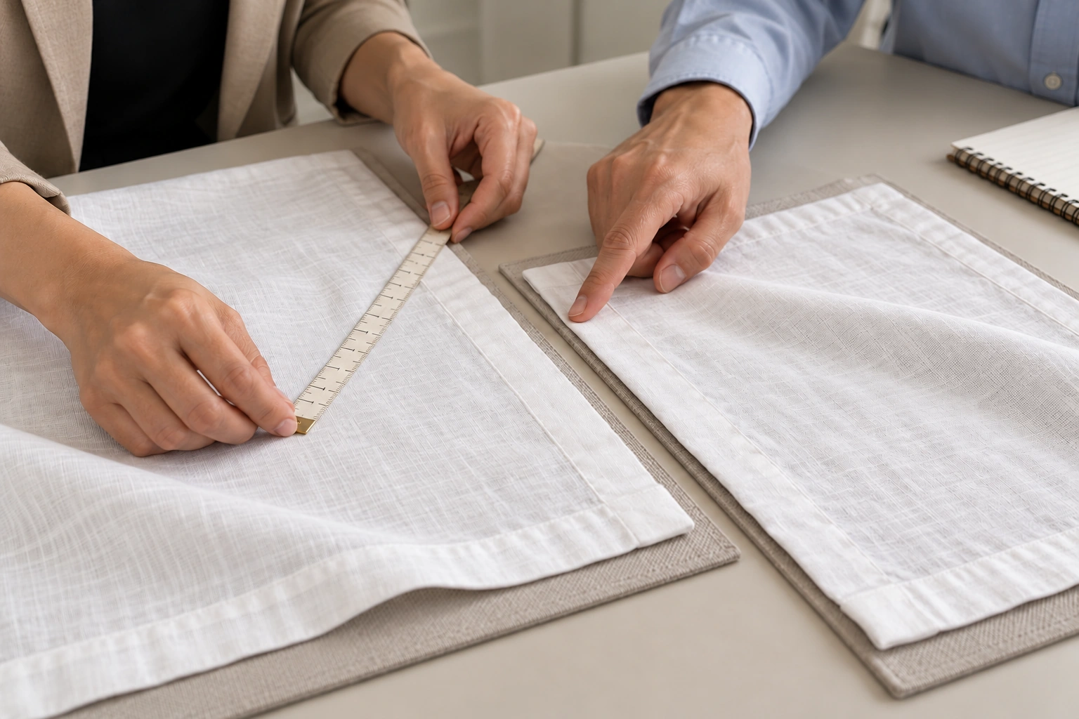 Hands compare two white hemmed linen samples on separate mats using a measuring tape.