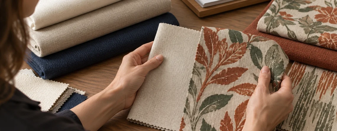 A buyer compares a patterned textile swatch with a plain reference beside separate neutral and accent sample groups.