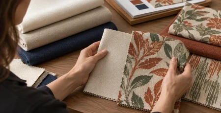A buyer compares a patterned textile swatch with a plain reference beside separate neutral and accent sample groups.