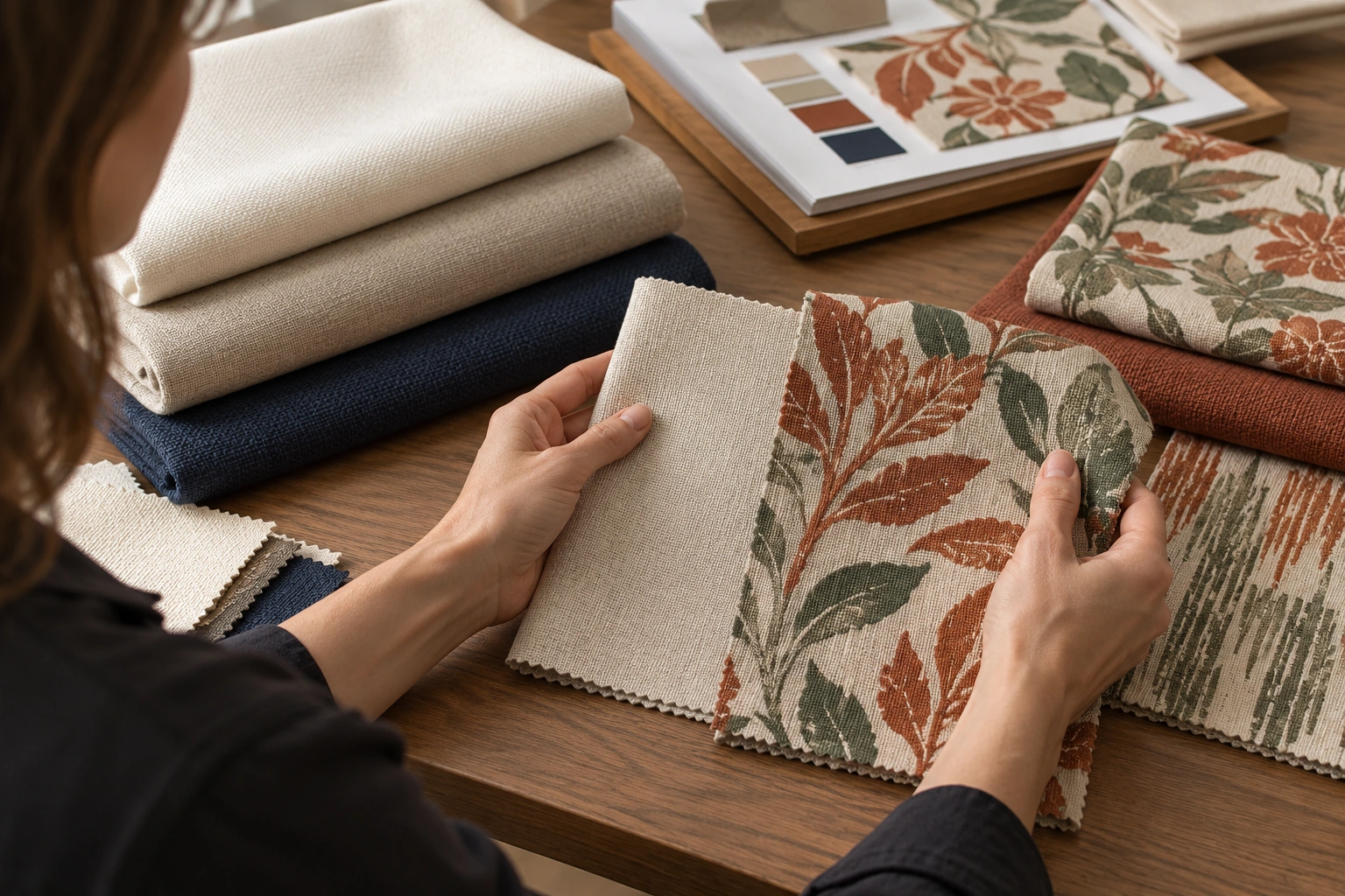 A buyer compares a patterned textile swatch with a plain reference beside separate neutral and accent sample groups.