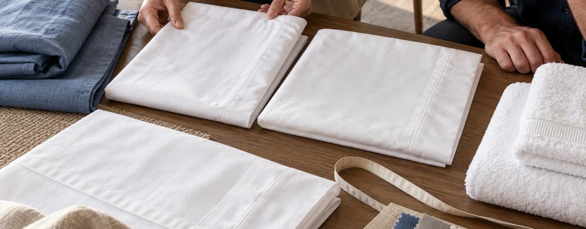 Buyers align two white linen samples beside separate blue linen and towel references.