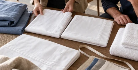Buyers align two white linen samples beside separate blue linen and towel references.