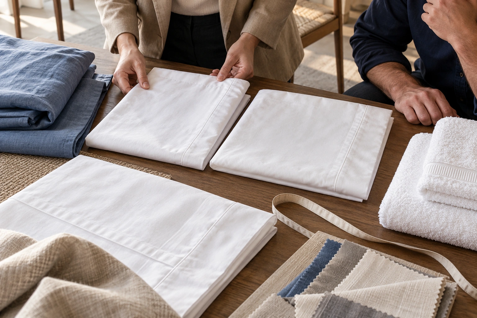 Buyers align two white linen samples beside separate blue linen and towel references.