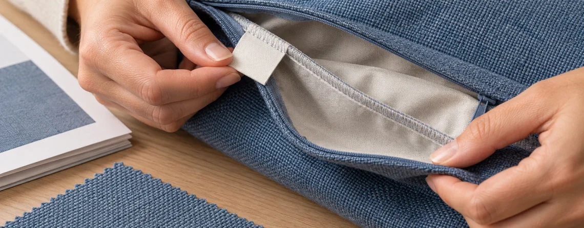 Hands inspect the blank reverse of a sewn label, inner seam and zipper opening in a blue cushion cover.