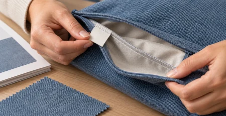Hands inspect the blank reverse of a sewn label, inner seam and zipper opening in a blue cushion cover.