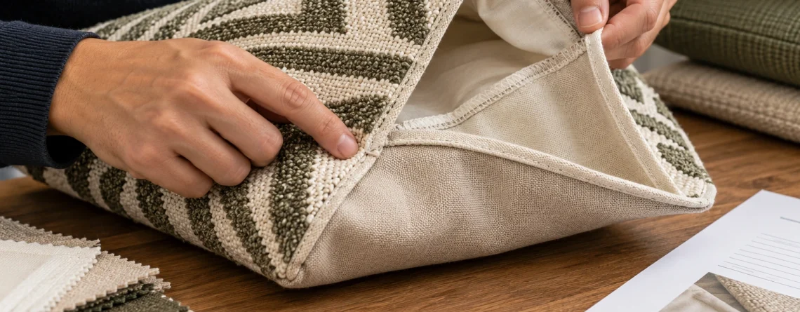Hands open a patterned cushion cover to inspect its plain reverse and the seam joining its components.
