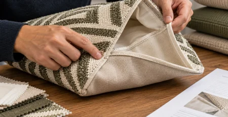 Hands open a patterned cushion cover to inspect its plain reverse and the seam joining its components.