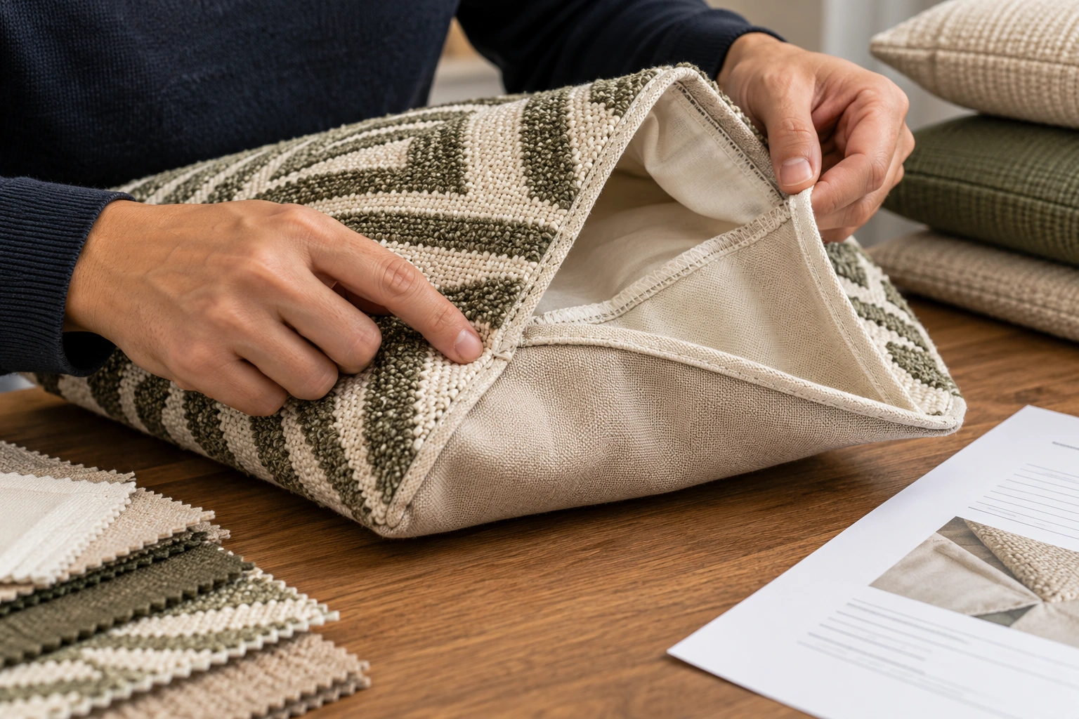 Hands open a patterned cushion cover to inspect its plain reverse and the seam joining its components.
