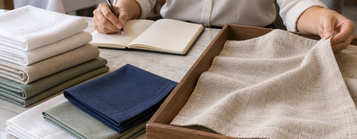 A reviewer records observations beside folded table linen and a separate tray holding an unfolded sample.