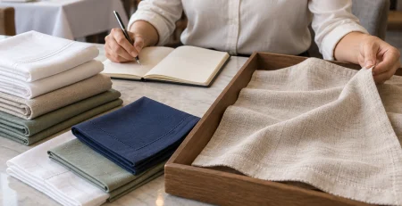 A reviewer records observations beside folded table linen and a separate tray holding an unfolded sample.