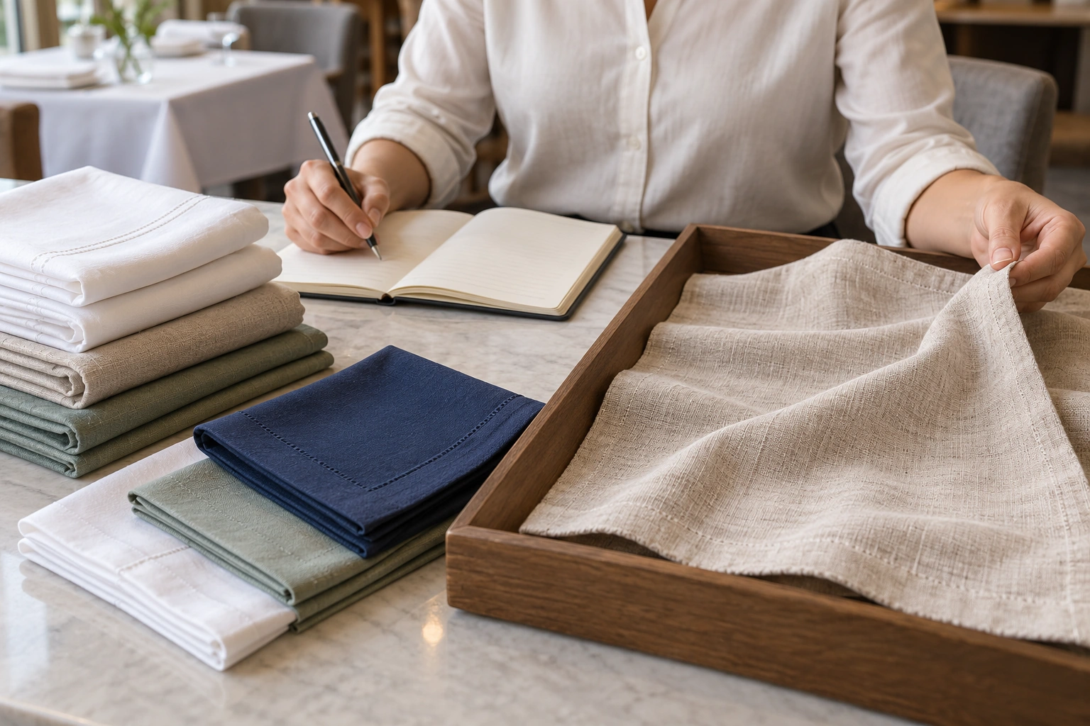 A reviewer records observations beside folded table linen and a separate tray holding an unfolded sample.