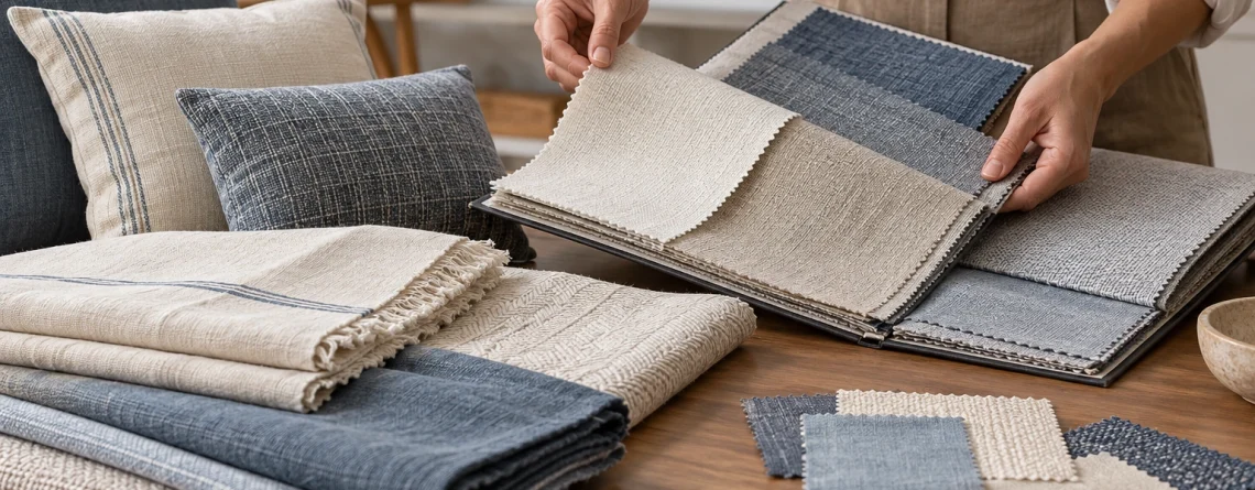 A buyer compares fabric swatches with a coordinated group of blue and neutral cushion and flat-textile samples.