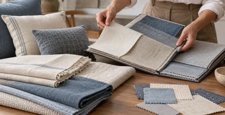 A buyer compares fabric swatches with a coordinated group of blue and neutral cushion and flat-textile samples.
