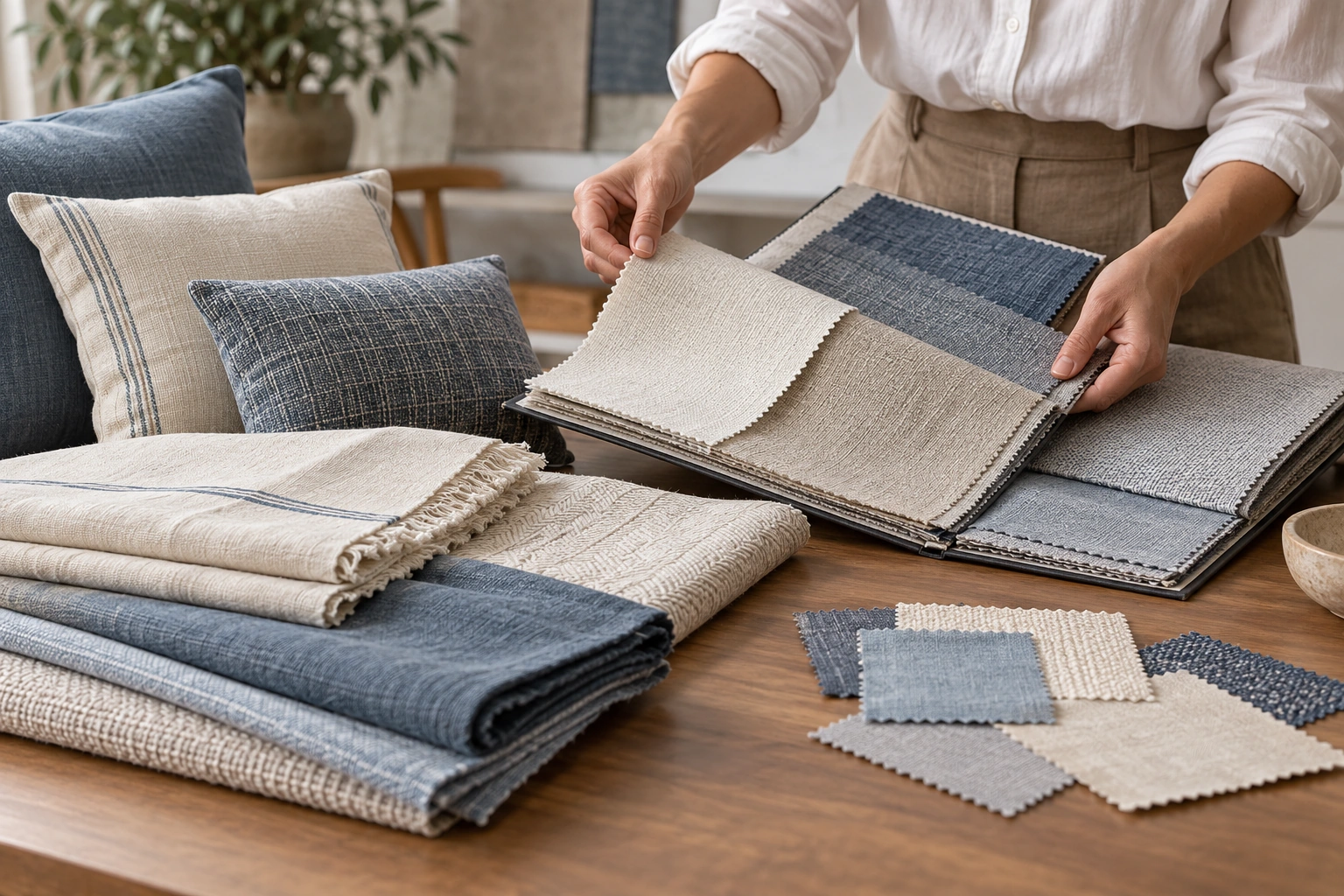 A buyer compares fabric swatches with a coordinated group of blue and neutral cushion and flat-textile samples.
