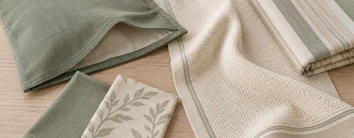Sage, ivory and striped textile samples arranged together, with an empty cushion cover open at the reverse.