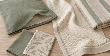 Sage, ivory and striped textile samples arranged together, with an empty cushion cover open at the reverse.