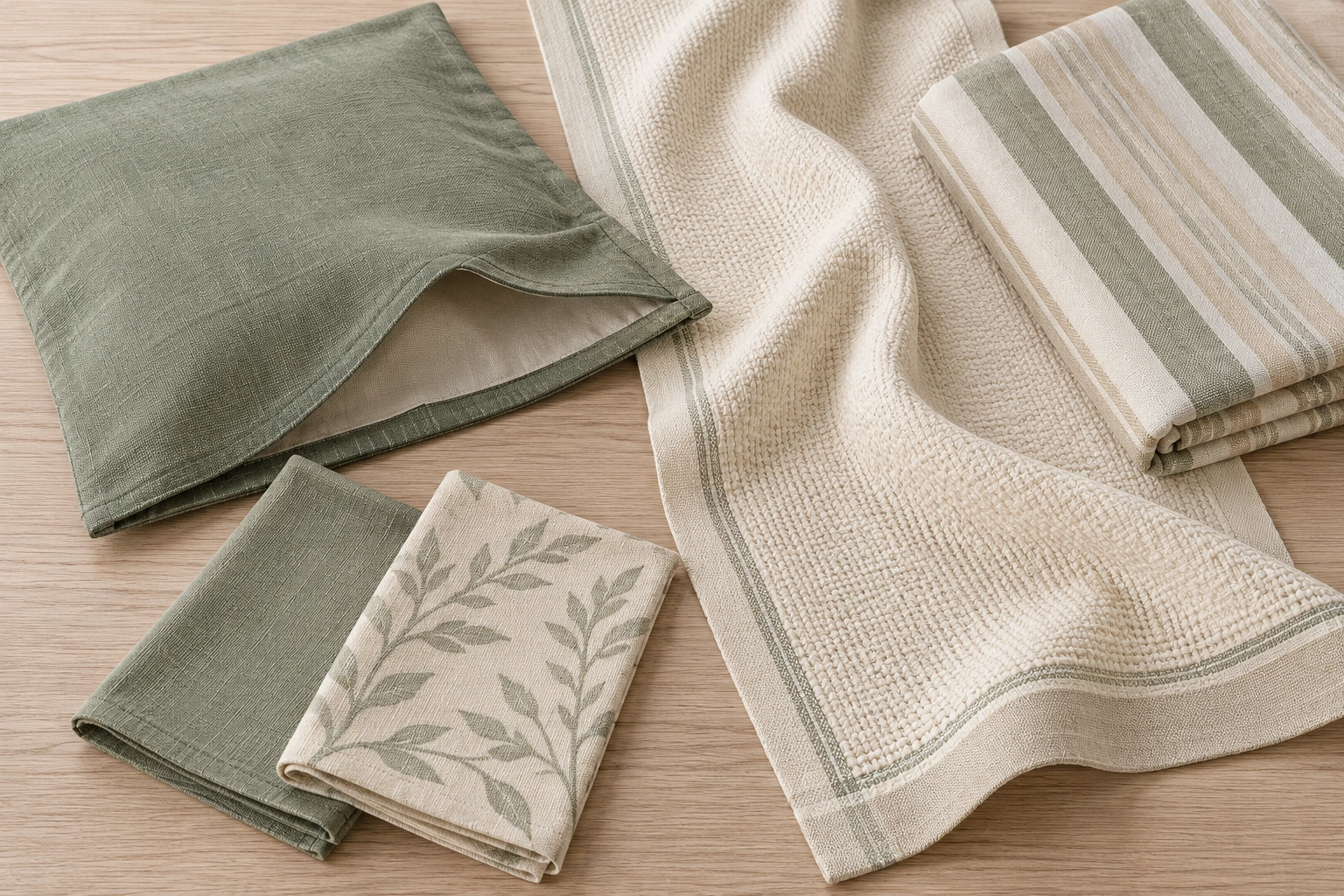 Sage, ivory and striped textile samples arranged together, with an empty cushion cover open at the reverse.