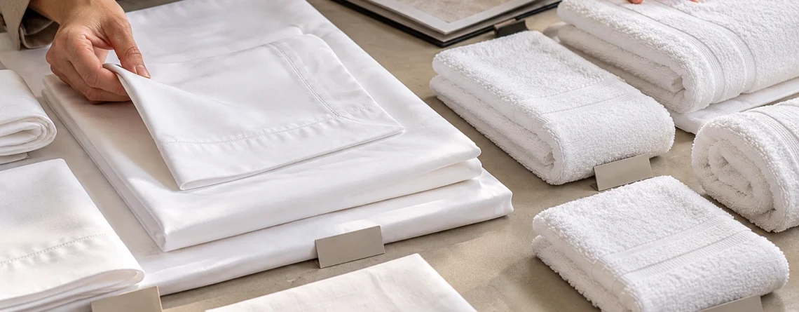 Hands compare folded white bed-linen samples and grouped towels beside a textile sample book.