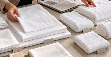 Hands compare folded white bed-linen samples and grouped towels beside a textile sample book.