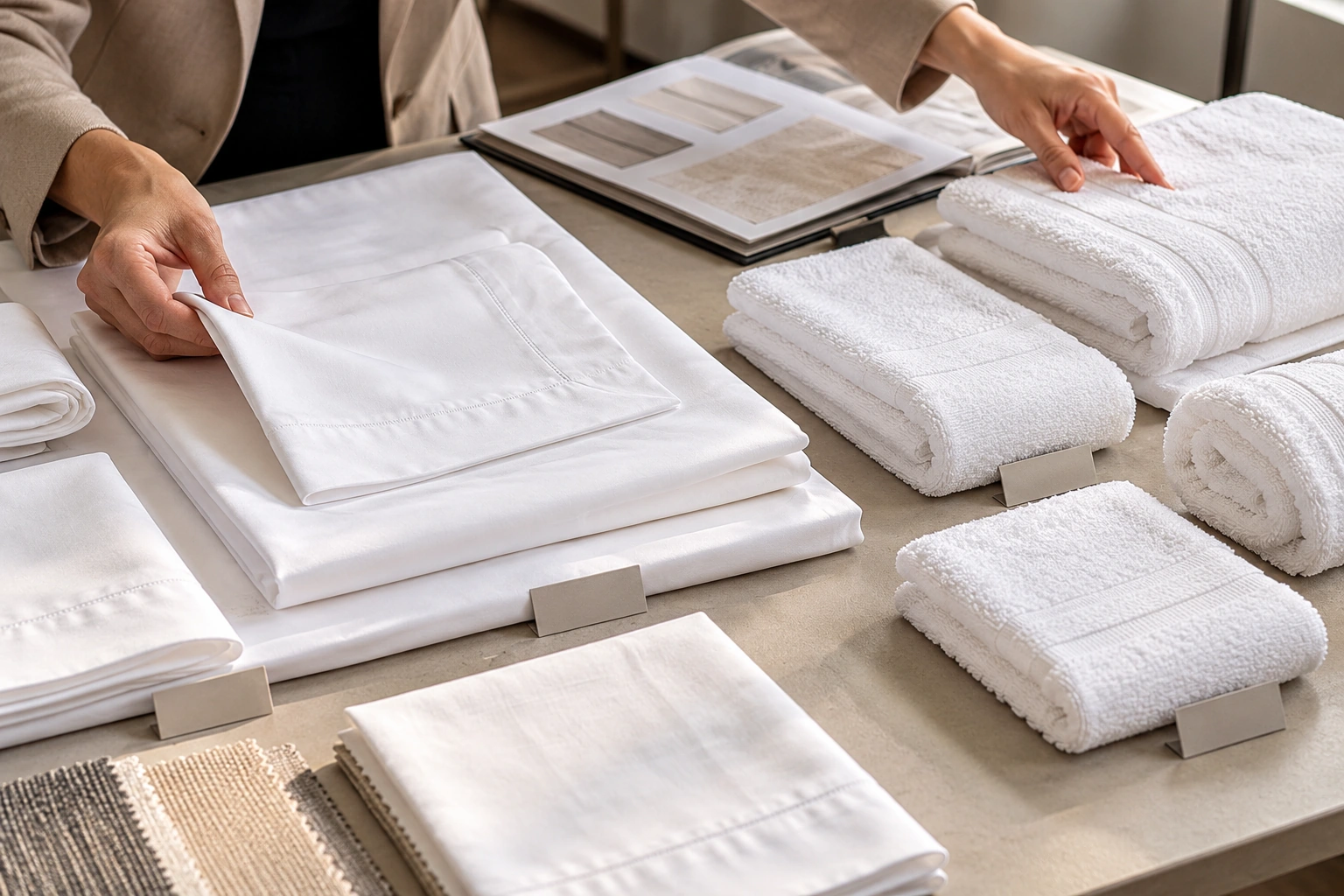 Hands compare folded white bed-linen samples and grouped towels beside a textile sample book.
