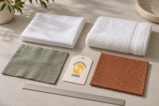 White sheet and towel samples beside green and rust fabric swatches, a ruler and a Casa paper tag.