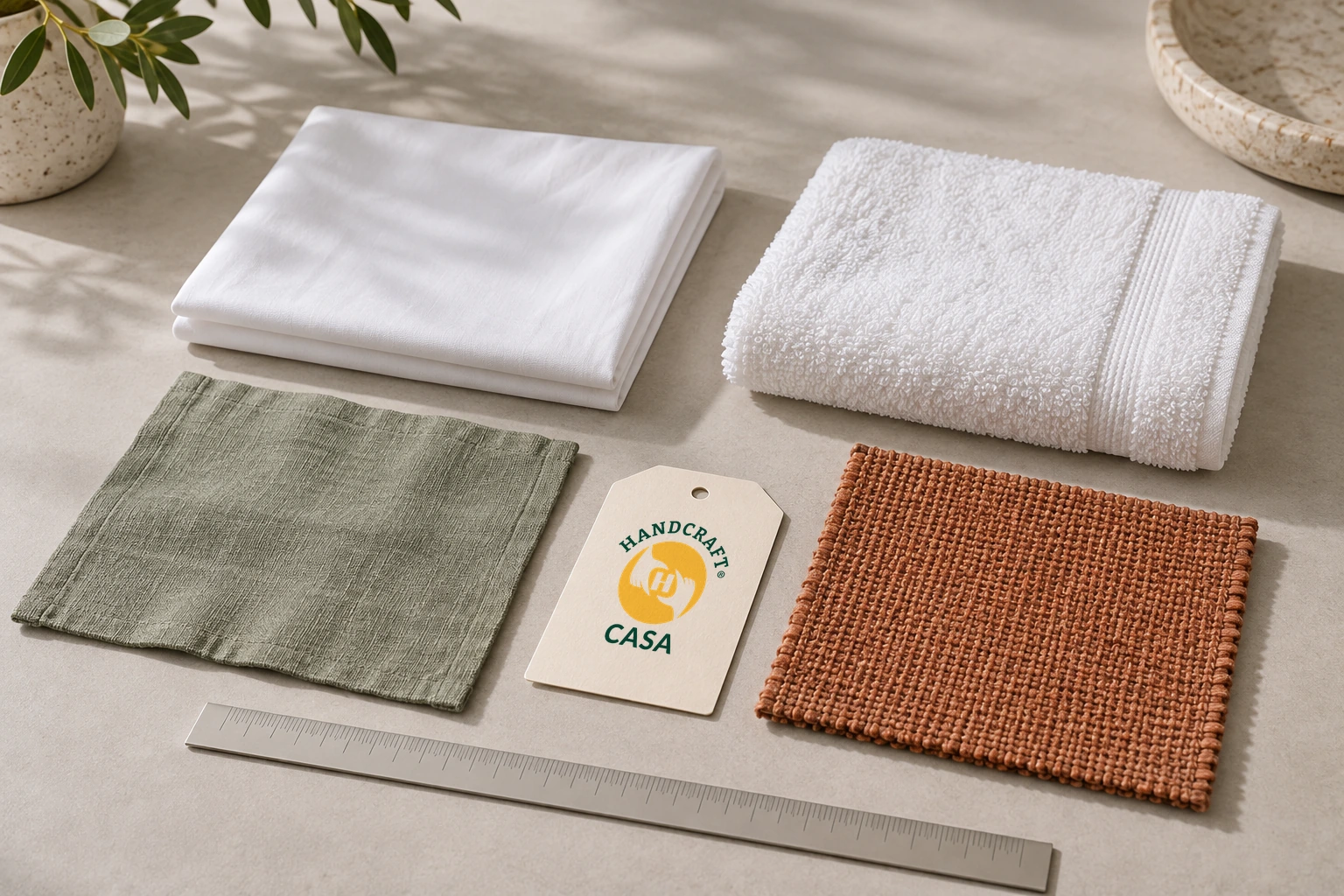 White sheet and towel samples beside green and rust fabric swatches, a ruler and a Casa paper tag.