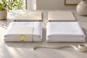 Two white linen sample stacks beside quotation folders and a measuring tape, with a Casa paper band on one sample.