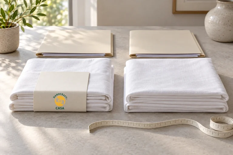 Two white linen sample stacks beside quotation folders and a measuring tape, with a Casa paper band on one sample.