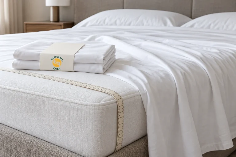 Folded white sheets with a Casa paper band on a bed beside a measuring tape around the mattress edge.