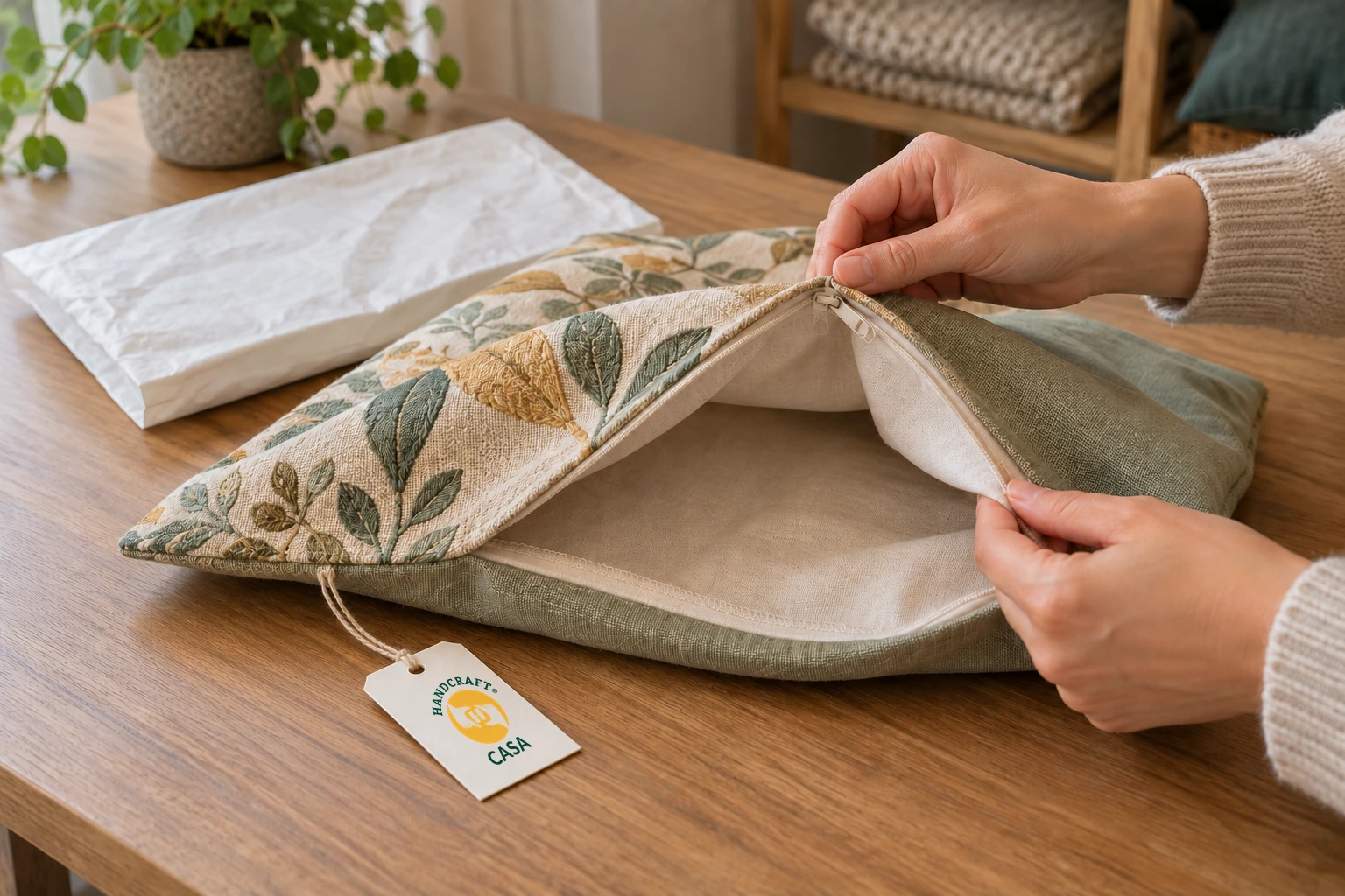 Hands inspect an open zipper and lining in a floral cushion cover beside a Casa paper tag.