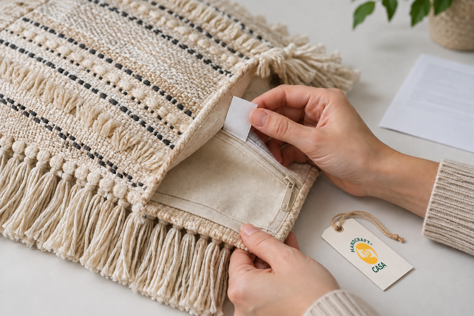 Hands inspect the plain reverse of a sewn label inside a textured cushion cover, beside a separate Casa paper presentation tag.