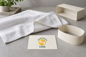 White towel with blank packaging samples and a separate Casa artwork-reference card.