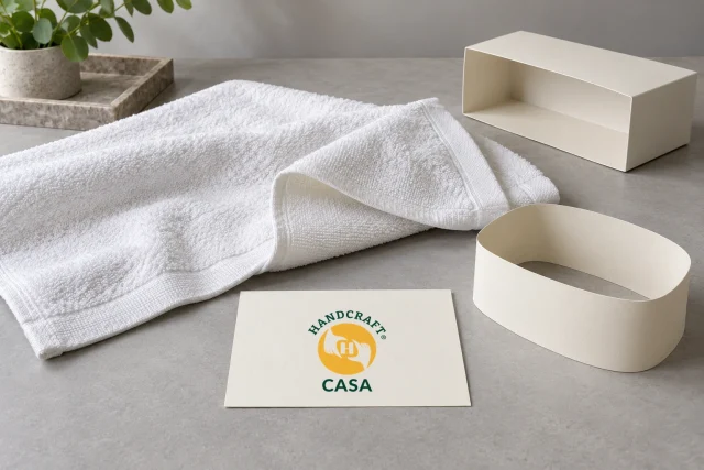 White towel with blank packaging samples and a separate Casa artwork-reference card.
