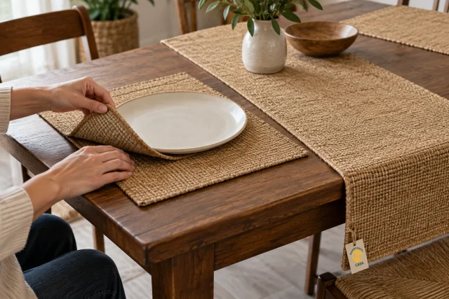 Hands lift a woven placemat beside a matching table runner with a small Casa paper tag.