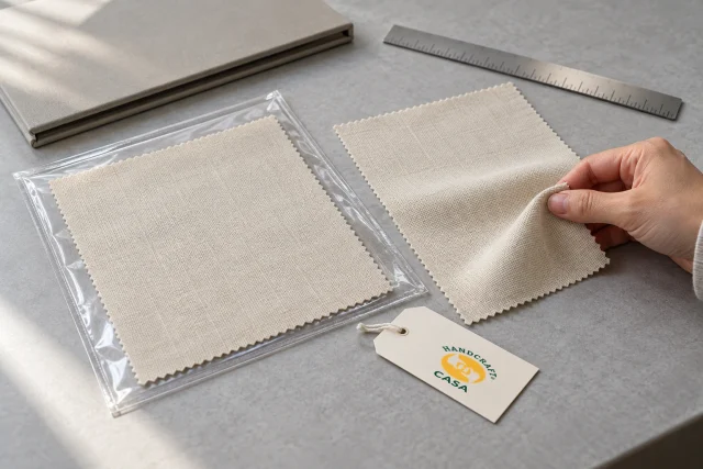 A hand compares two neutral textile swatches beside a Casa sample tag, ruler and plain reference folder.