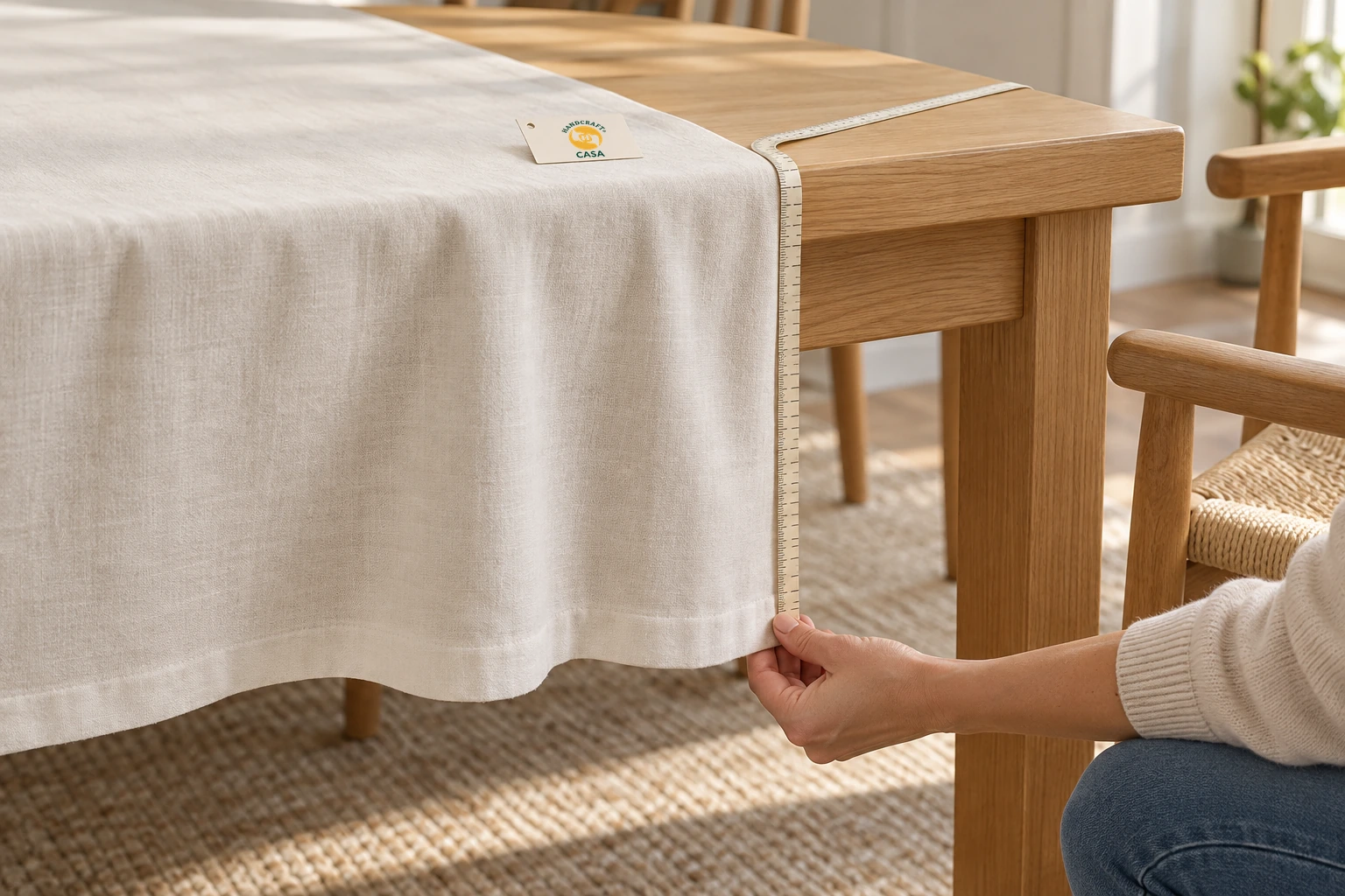 A hand holds the hanging edge of table linen beside a measuring tape, with a small Casa paper tag on the tabletop.