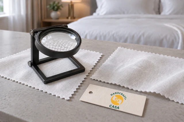 A folding magnifier over white woven fabric swatches beside a Casa paper tag.