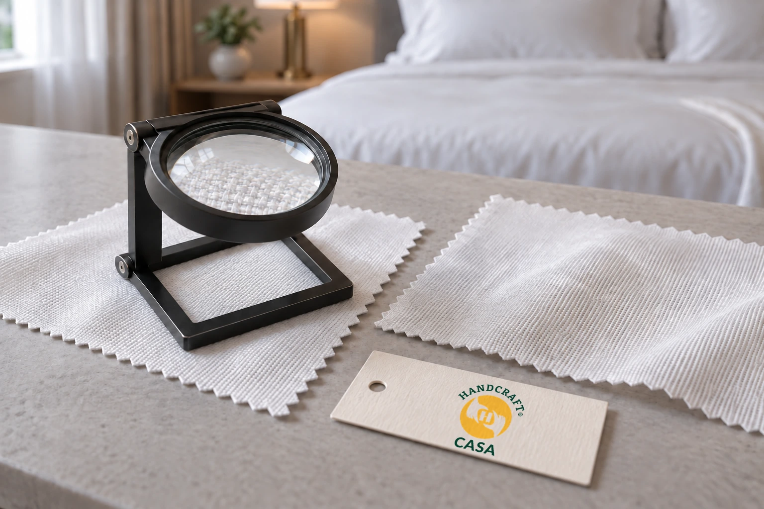 A folding magnifier over white woven fabric swatches beside a Casa paper tag.