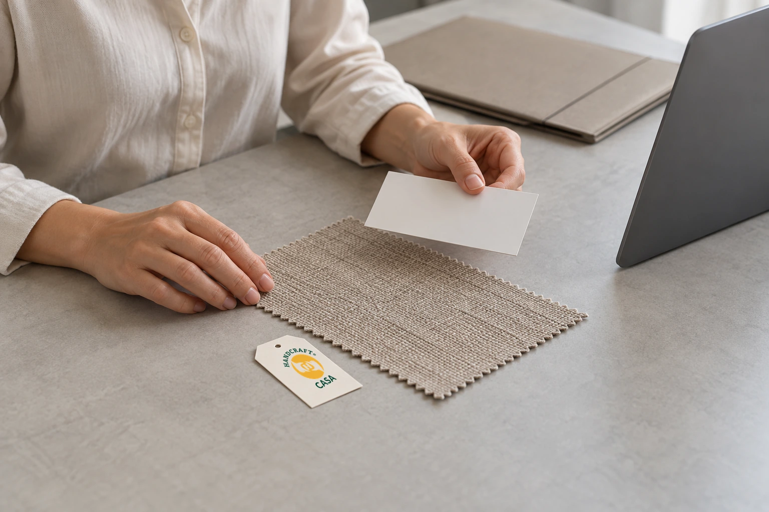 Hands examine a plain reference card and textile swatch, with a separate Casa paper tag on the table.