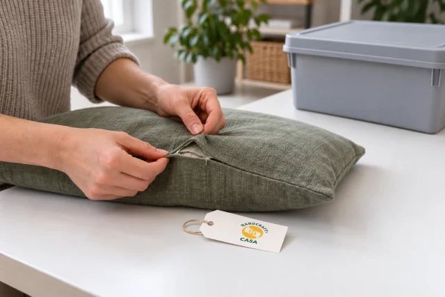 Hands inspect a torn seam in a green cushion cover beside a separate Casa paper tag and storage box.